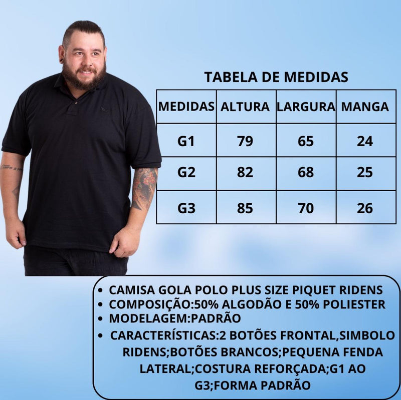 Camisa Polo Masculino Piquet Plus Size - G1 ao G5